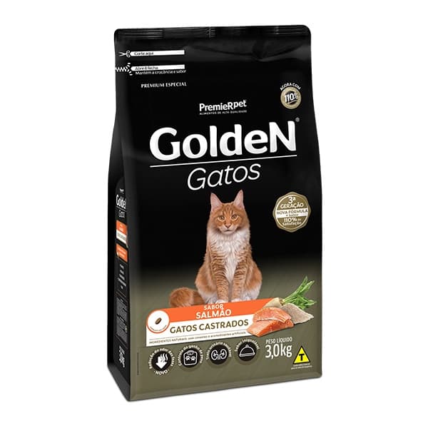 Ração Golden para Gatos Adultos Castrados Sabor Salmão - 3Kg