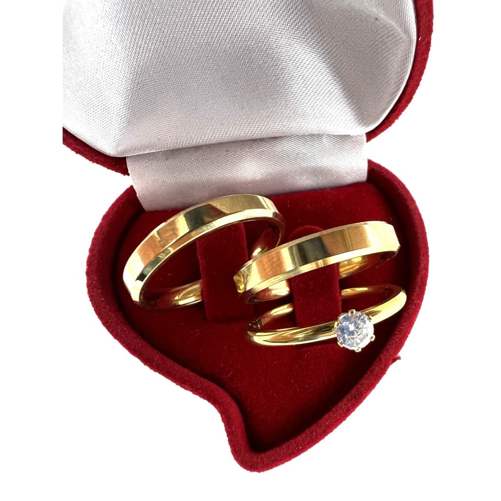 Par de Aliança Chanfrada Anatômica Dourada Clássica Fina 4mm de Casamento/Noivado/Compromisso/Namoro + Anel Solitário