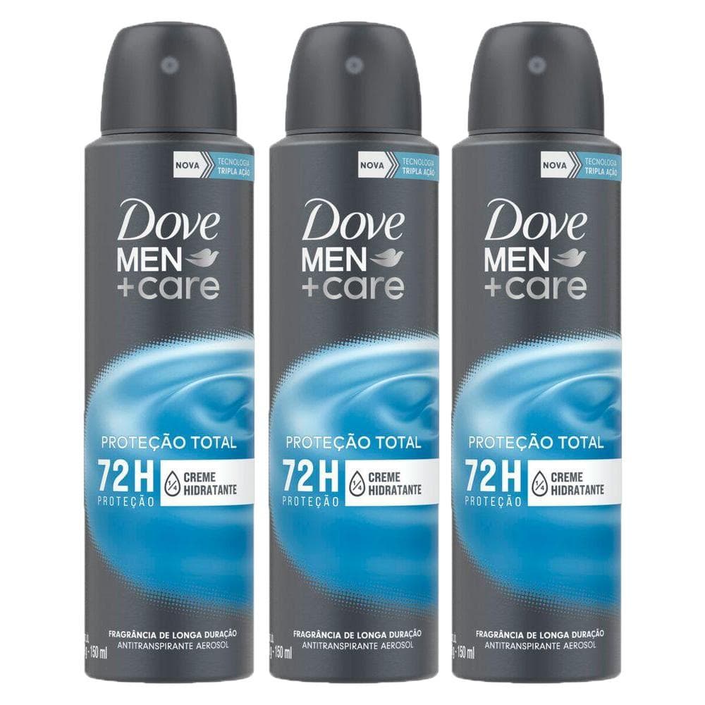 Kit com 3 Desodorantes Antitranspirantes Aerosol Dove Cuidado Total 150ml