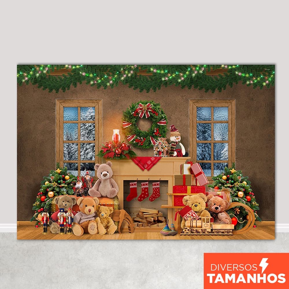 Painel Fundo de Natal Decoração Cenário Natalino Lareira Ursos de Pelúcia Em Tecido Sublimado