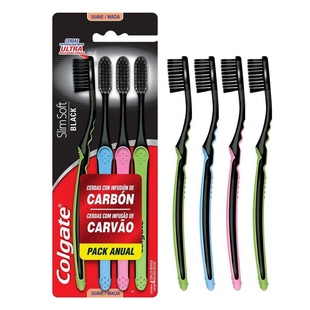Escova Dental Colgate Slim Soft Black com 4 unidades