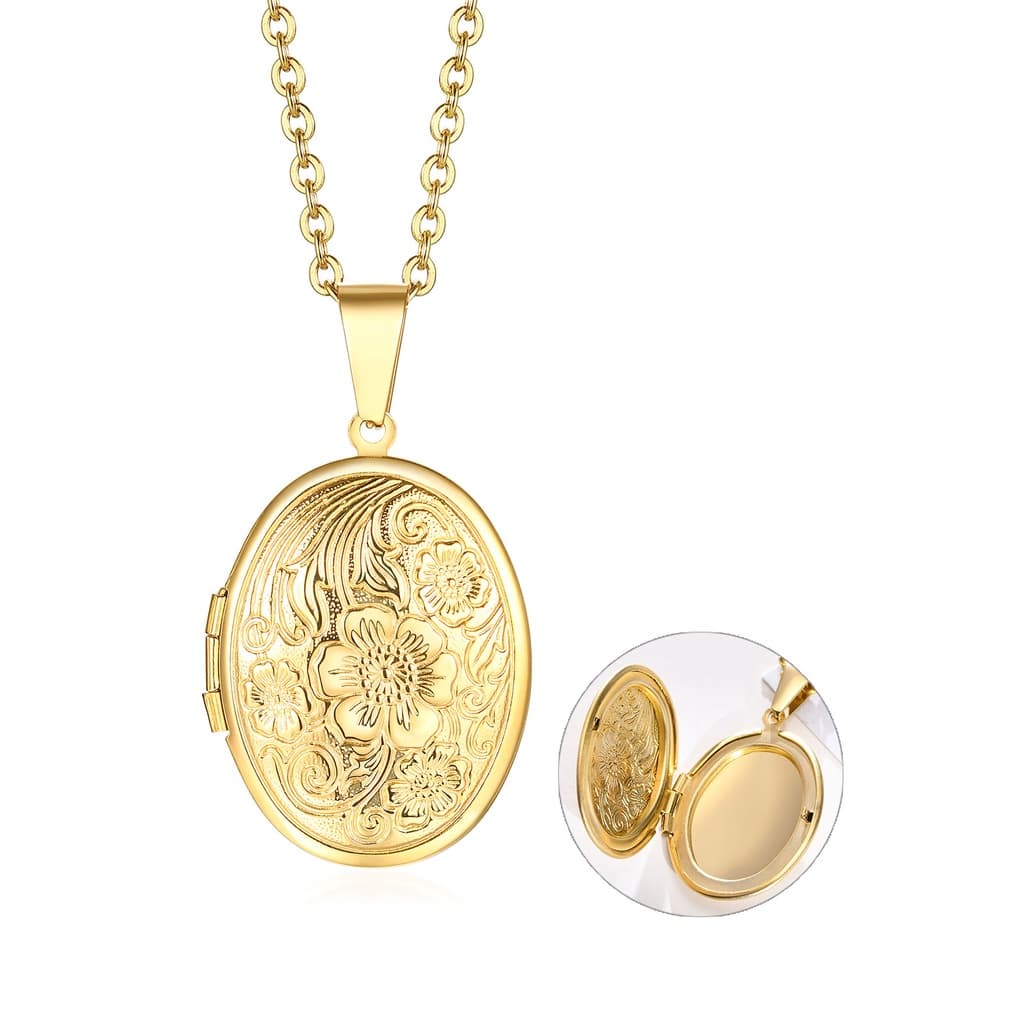 Vnox Colar Feminino Com Pingente Oval Esculpido Com Listras / Flores Vintage