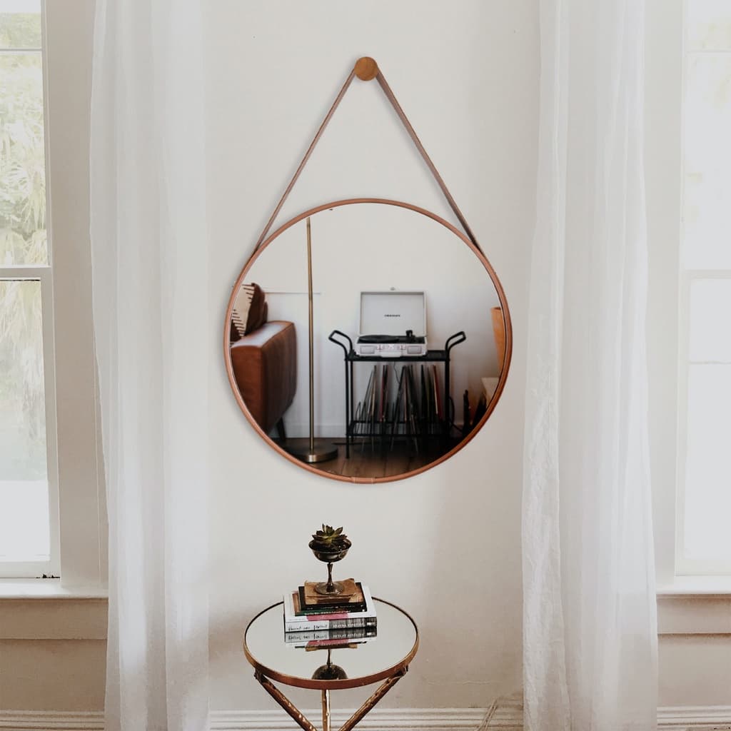 Espelho Decoração Para Lavabo Sala Banheiro Escritóro c/ Alça em Couro Ecológico 60cm + Suporte de Fixação - Casa Domo