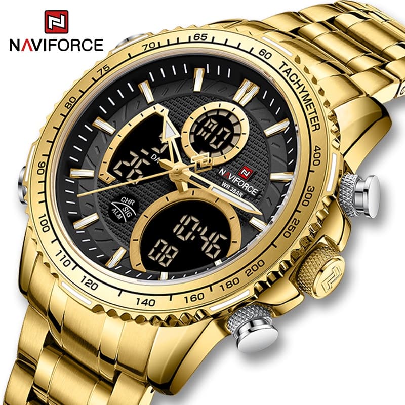 NAVIFORCE 9182 Homens Observam Relógios De Pulso Masculinos De Luxo Em Ouro De Quartzo De Aço Inoxidável De Dupla Exposição