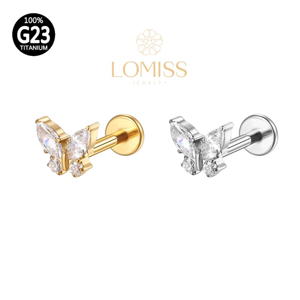 Piercing Labret TitÂnio G23 Pvd Borboleta ZircÔnia Helix, Tragus, Conch, Nariz, Boca-Medusa《Lomiss  piercing》