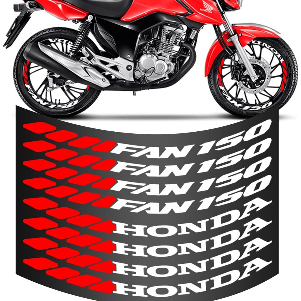 Kit 8 Adesivo Roda Fan 150 Grande Para Moto Branco e Vermelho Colante
