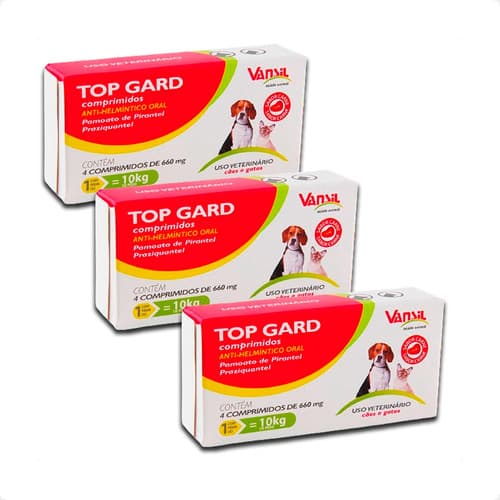 Kit 3 Top Gard Vansil 660mg Vermífugo para Cães e Gatos - 4 Cpr