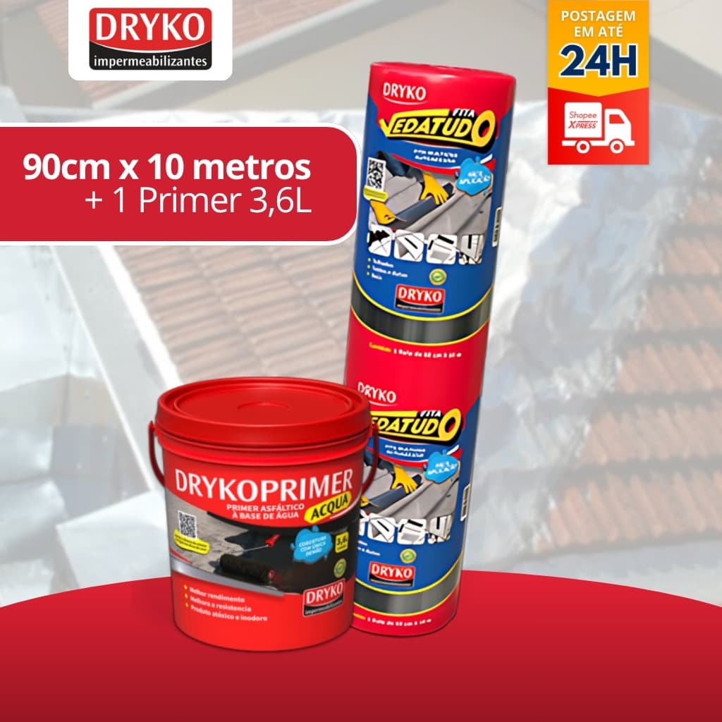 Manta Asfáltica 90cm + Primer Asfáltico 3,6 Kit Aplicação Fita Aluminizada Telha Laje Vedatudo