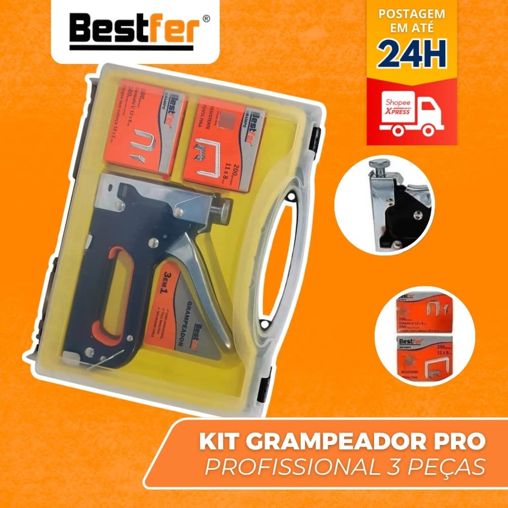 Grampeador Tapeceiro Alta Pressão Pra Madeira Estofado Manual Maleta Profissional Kit 3 em 1 Bestfer