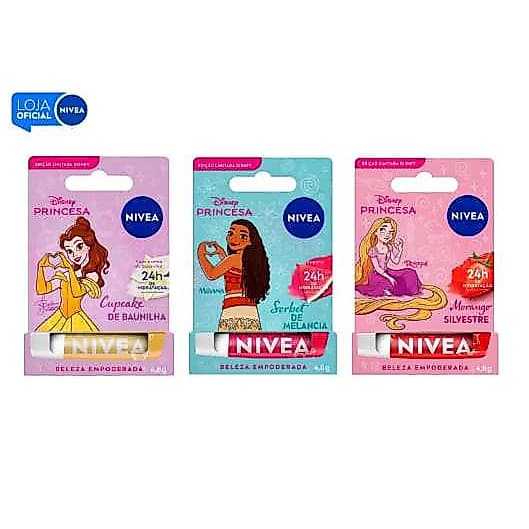 KIT NIVEA Hidratante Labial Disney Princesas Edição Limitada 3 Unidades 4,8g cada