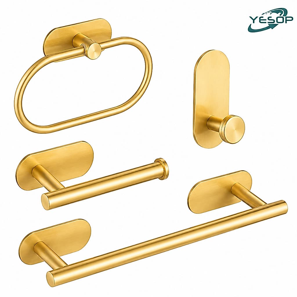 Kit Acessórios Banheiro Dourado 4 Peças Inox Sem Furo Adesivo Premium Parede Moderno Luxo YESOP