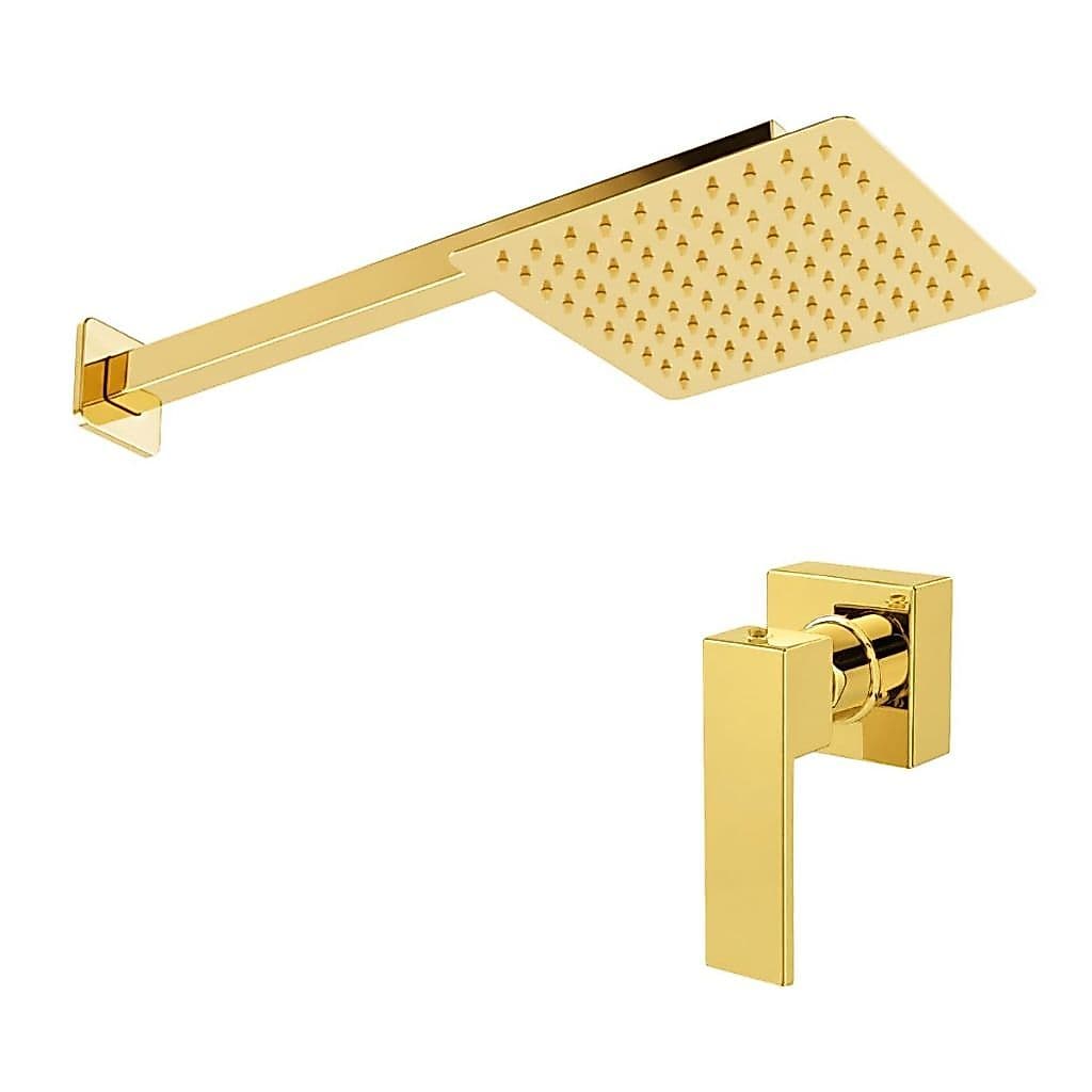 Chuveiro Ducha Água Fria 20x20 Aço Inox Dourado Brilhante + Acabamento De Registro Padrão Deca
