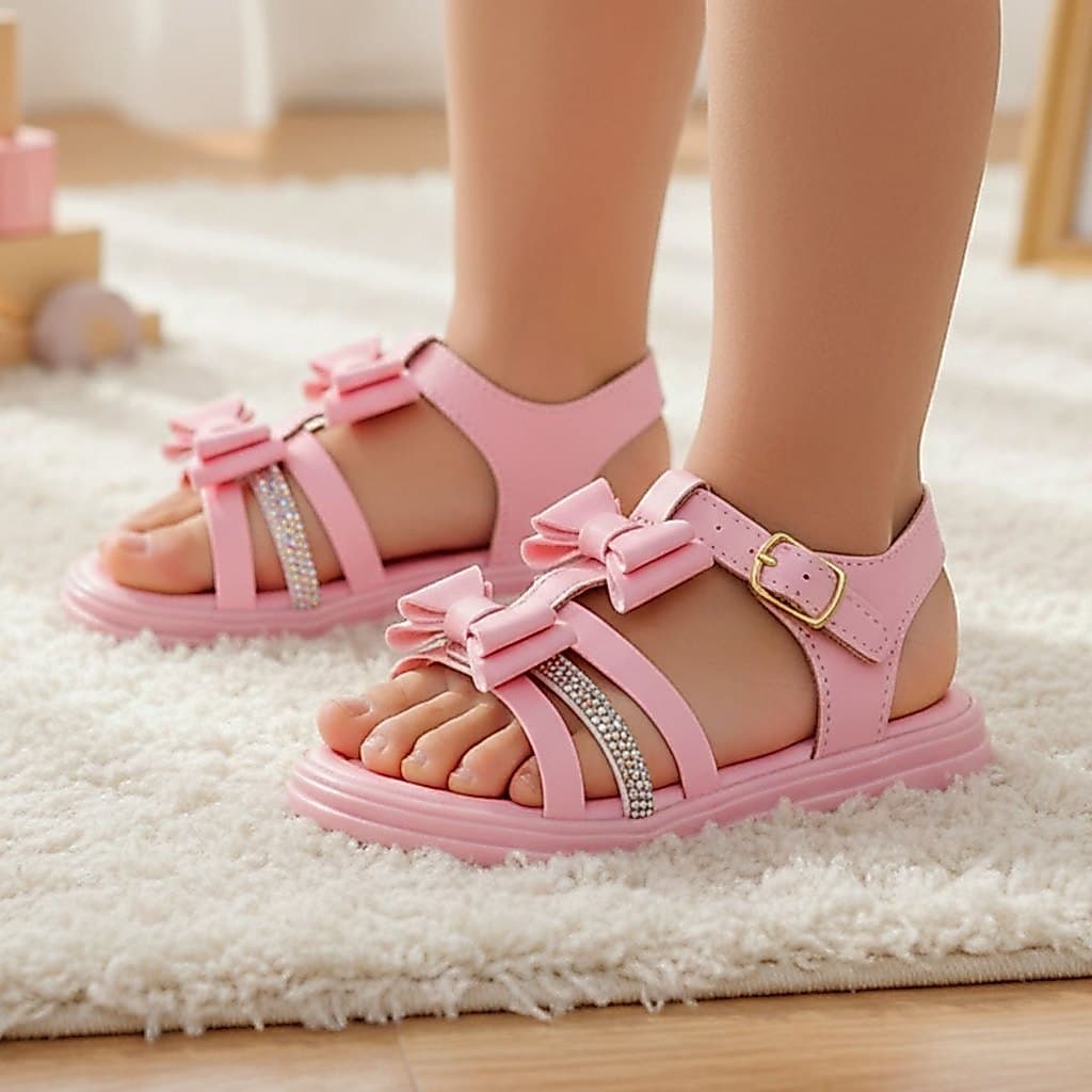 Sandália Infantil Menina Bee Happy  Rosa Com Laço Strass Confortável e Ajustável