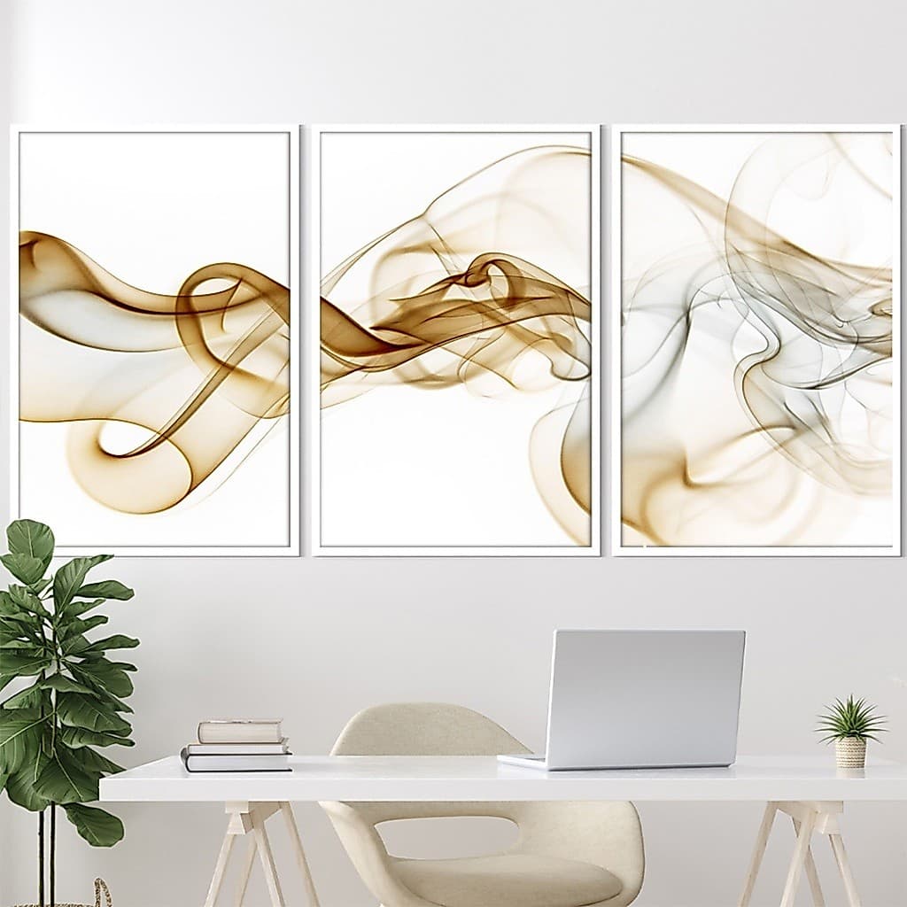 Quadro Abstrato Com Moldura Trio De Quadros Decorativos Para Sala Quadro Moderno Ondas Esfumaçadas