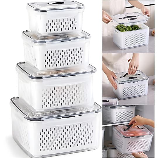 Kit 4 Potes Herméticos de Geladeira Transparente Com Trava E Cesto de Drenagem
