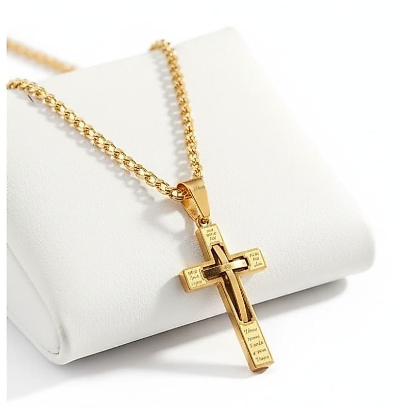 Corrente Masculina Aço Banhada Ouro 18K Gourmet 60cm Com Pingente de Cruz Gravada a Laser Uso Diário