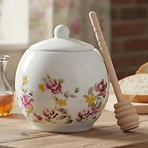 Pote Meleira De Porcelana Com Colher Florado Le Jardin 350ml Hauskraft