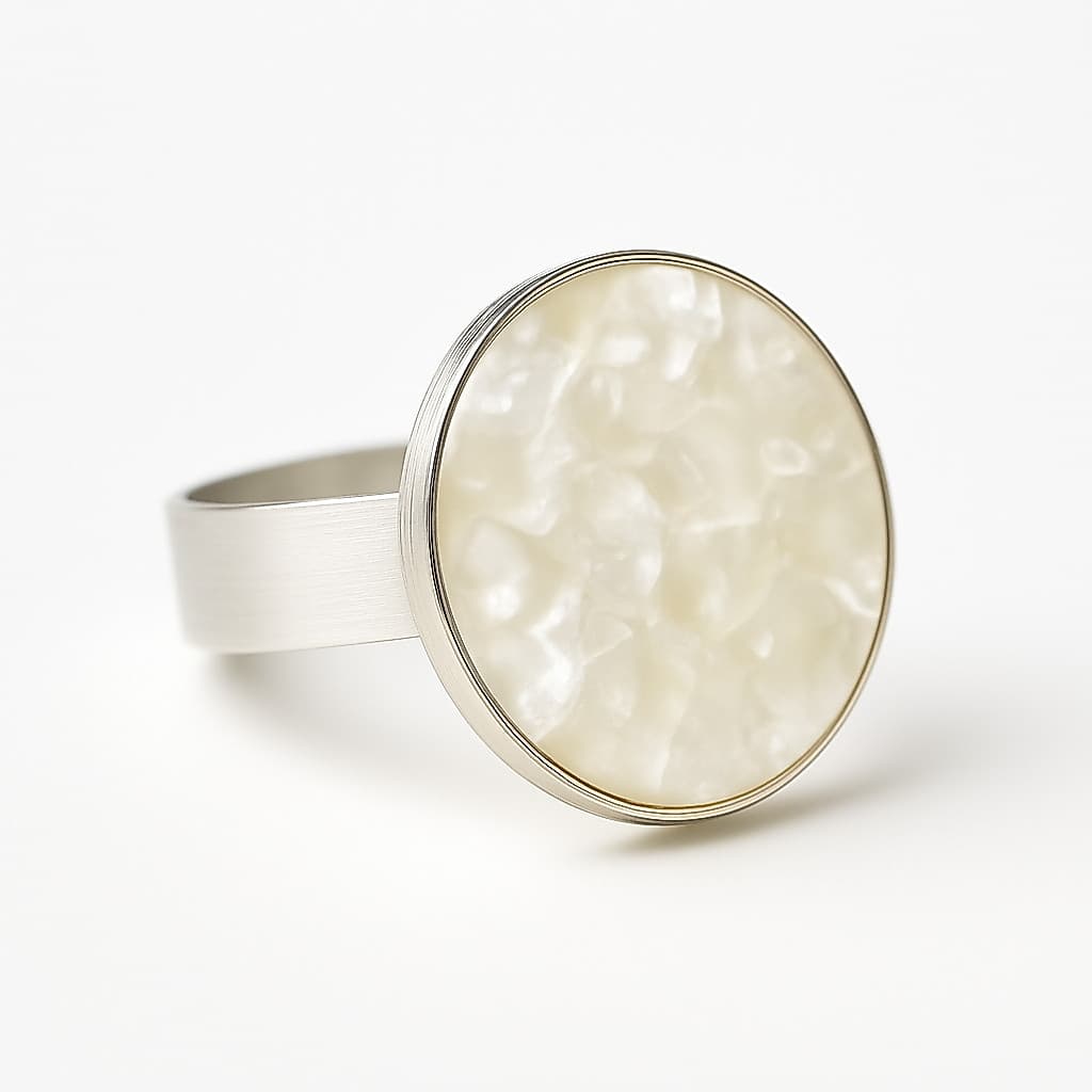 Anel regulável orgonites Redondo de madrepérola branco mother of pearl white