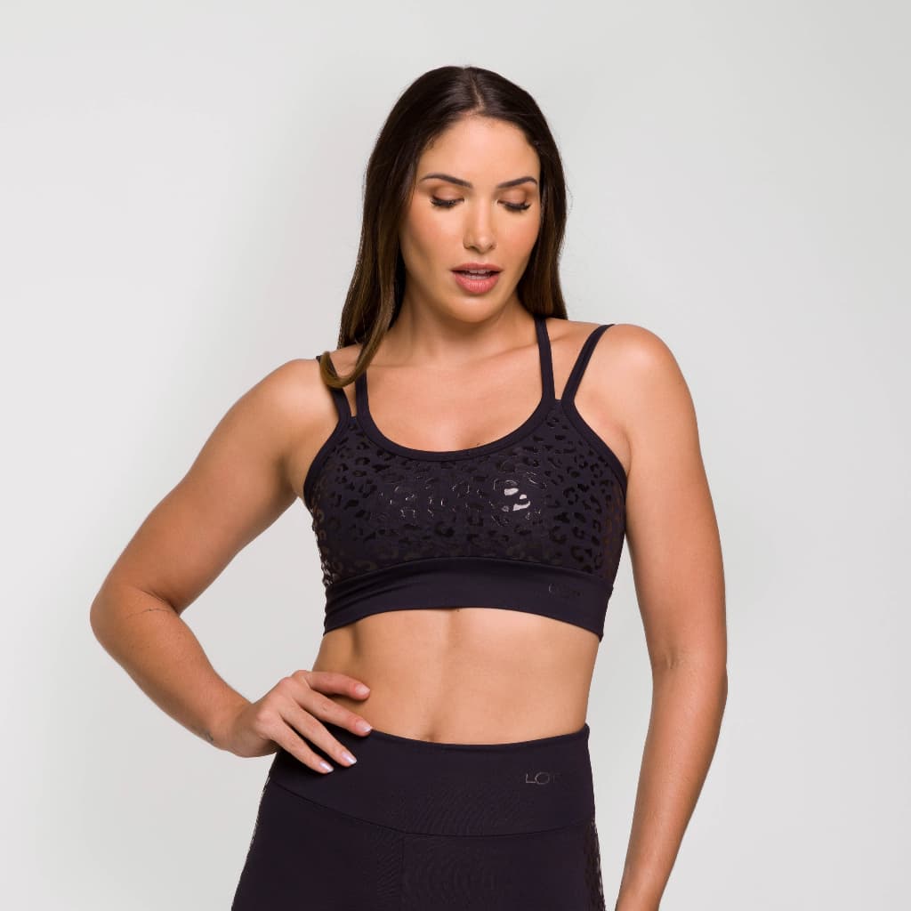 Top Fitness Feminino Academia Estampado Top Poliamida Feminino Preto para Treinar e Malhar Oncinha