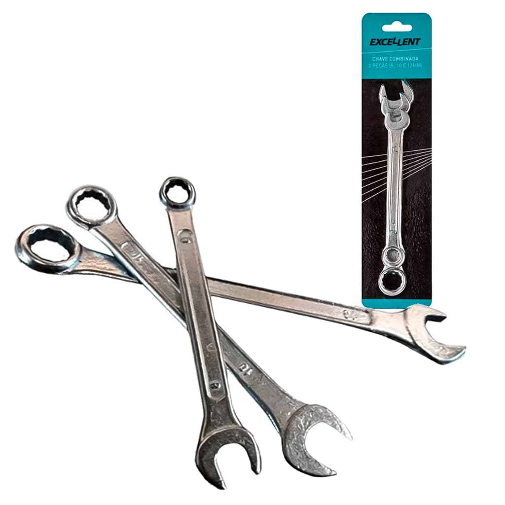 Kit Jogo De Chave Combinada 8 A 13mm 3 Peças Aço Forjado Resistente Aperto Rápido Multiuso