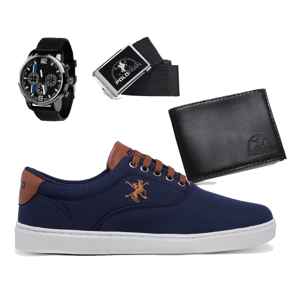 Kit Sapatênis Polo Fran Casual Cano Baixo + Relógio + Carteira + Cinto Miami