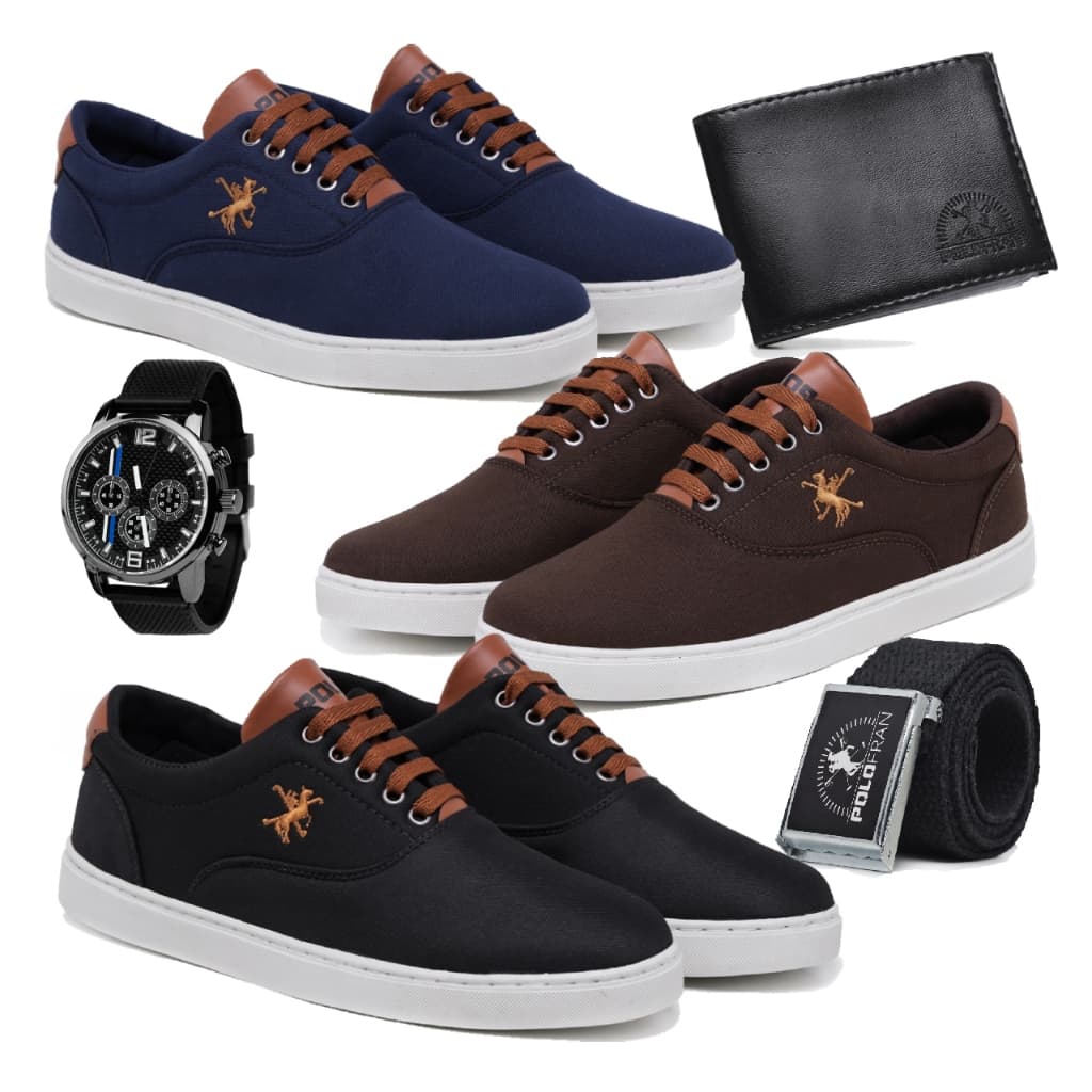 Kit 3 Tênis Polo Fran Sapatenis Masculino Casual + Relógio Carteira Cinto Miami