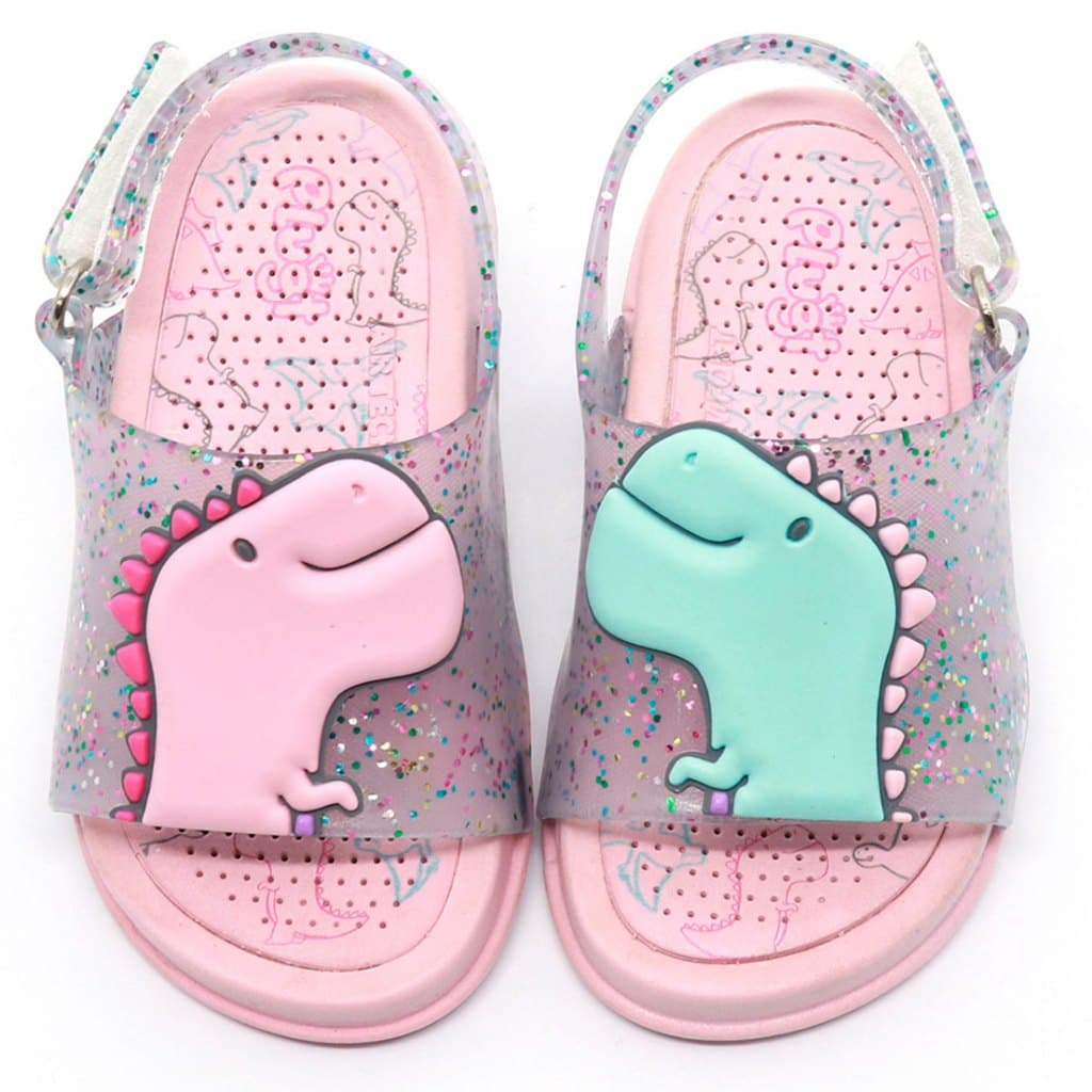 Sandália Papete Infantil Plugt Menina Dinossauro Transparente Rosa Glitter Confortável Leve Segura