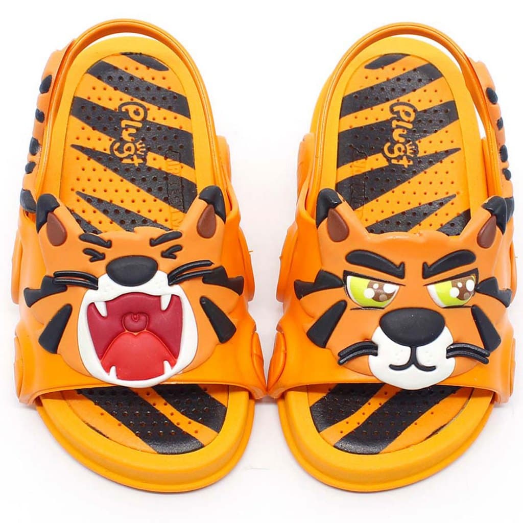 Sandália Infantil Plugt Menino Tigre Laranja Confortável Leve Antiderrapante Macia Moda Kids