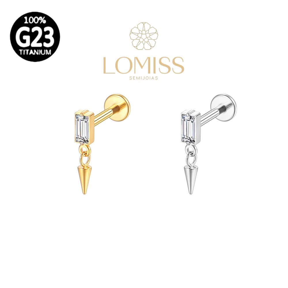 Piercing Helix Conch Tragus Labret Titânio Pvd Retangulo Com Pingente Spike
