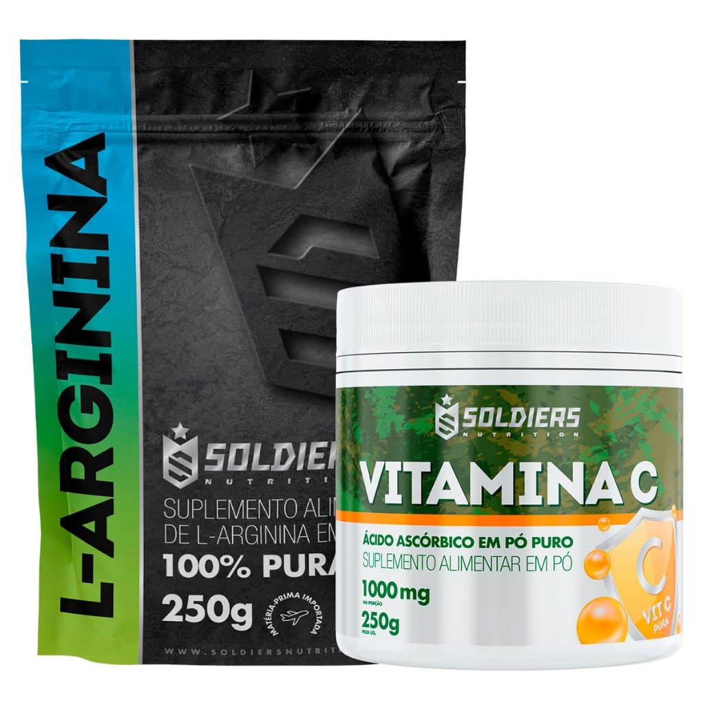 Kit: Vitamina C 250g + Arginina 250g Soldiers Nutrition Aminoácido Recuperação