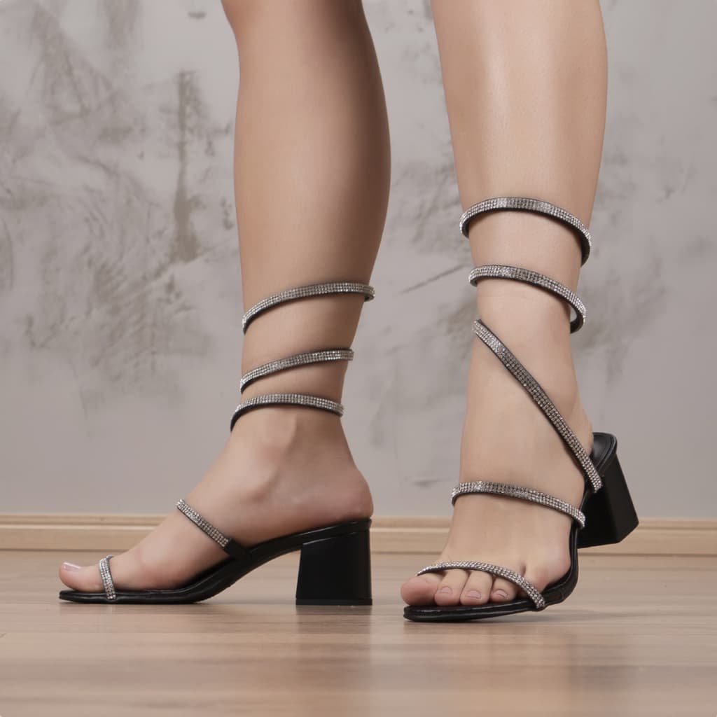 Sandália Feminina Domidona Salto Grosso Bloco Confortável Espiral Strass Moda Elegante