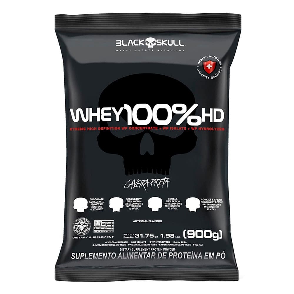 Whey Protein 100% HD 900g (Refil) - Isolado, Concentrado e Hidrolisdo - Caveira Preta Black Skull