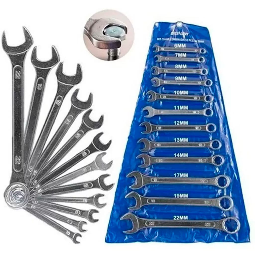 Kit Jogo De Chaves Combinada Aço Forjado Com 12 Peças Medidas Do 6 Ao 22 mm Para Uso Profissional