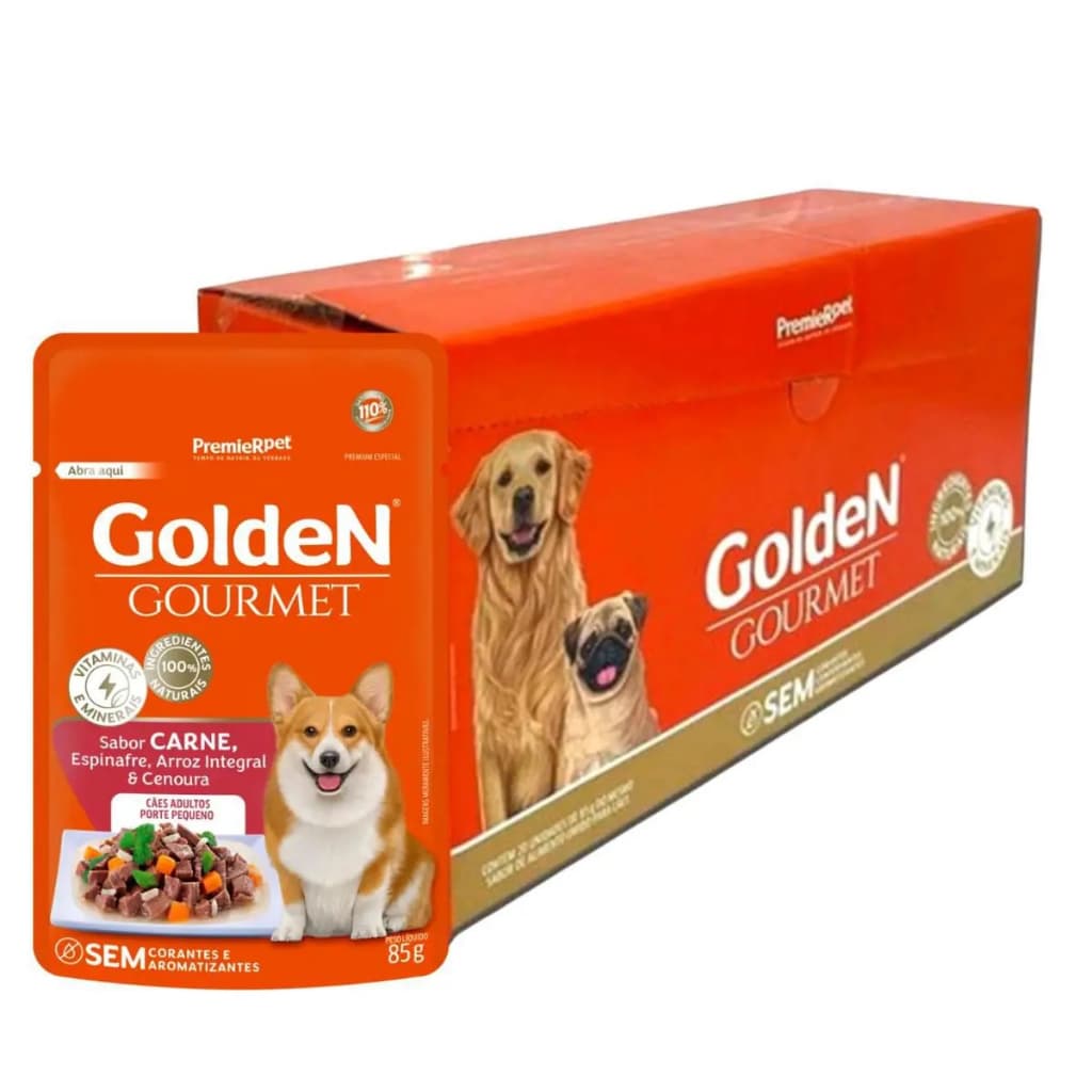 Caixa 20un Ração Úmida Sachê Golden Gourmet Cães Adultos Porte Pequeno Carne 85g