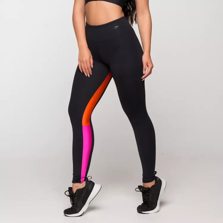 Calça Legging Fitness Feminina Academia Poliamida Preta com Detalhe Rosa e Laranja Nova York