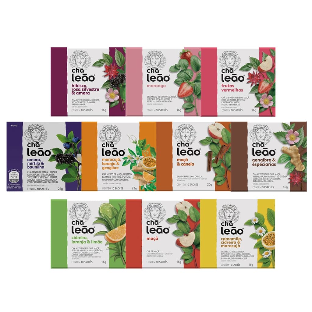 Kit Chá Leão Frutas e Flores Com 10 Caixas / 100 Sachês