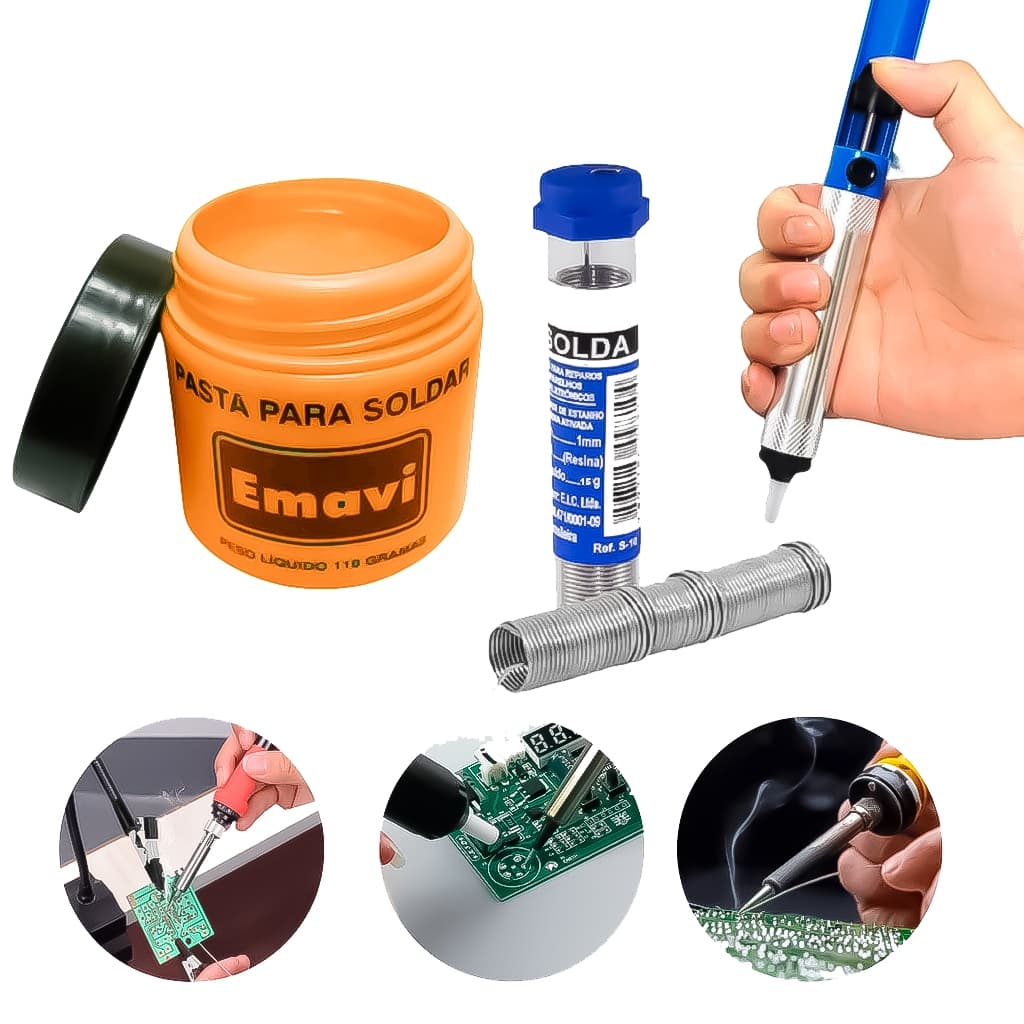 Kit Para Soldagem Com Estanho 25g + Pasta 110g + Sugador De Solda Reparos Uso Geral Profissional
