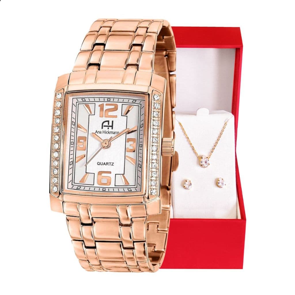 Kit Relógio Champion Ana Hickmann Feminino Quadrado Rosé c/ Cristais Original Presente AH28526Z
