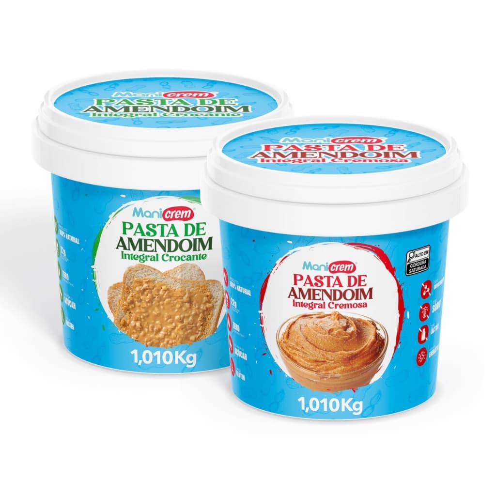 Pasta De Amendoim Integral Kit 01Cremosa 1kg e 01 Crocante 1 kg 100% Amendoim