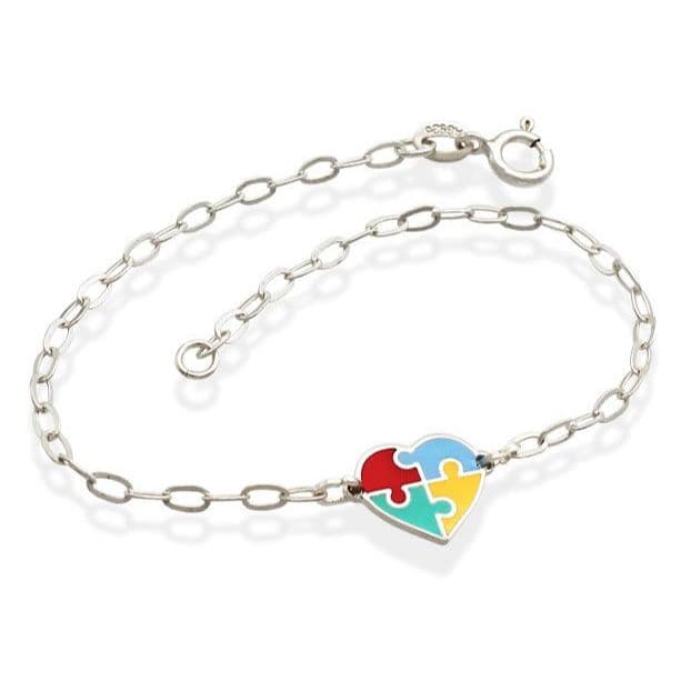 Pulseira Autismo de Prata 925 Coração Quebra-Cabeça Colorido