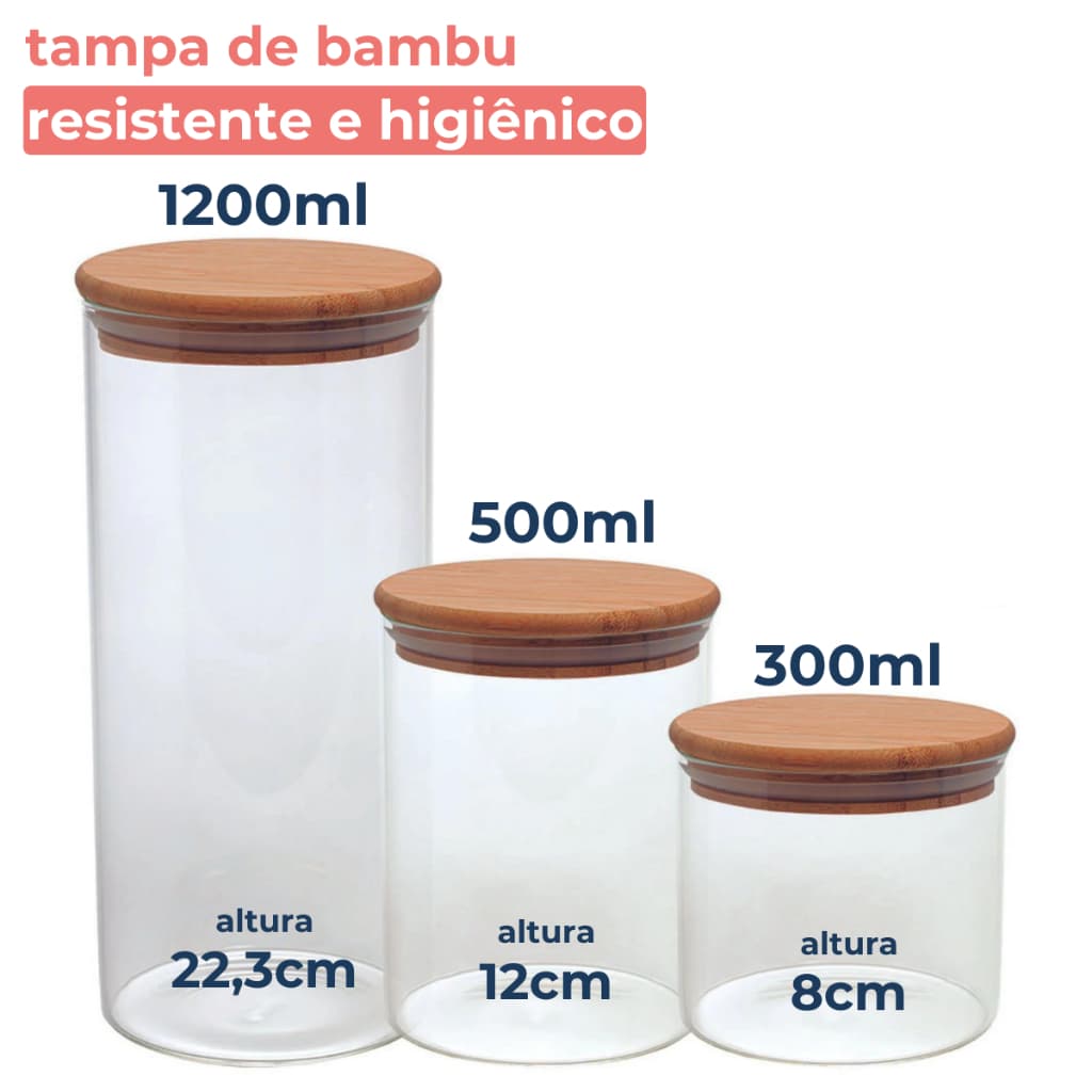Conjunto 3 Potes Vidro Hermético Porta Mantimentos Com Tampa Bambu 1,2L 500ml 300ML