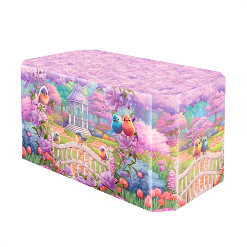 Capa Forro de Mesa Festa Decoração Aniversário Jardim Encantado Lilás Sublimado Em Tecido Veste Fácil