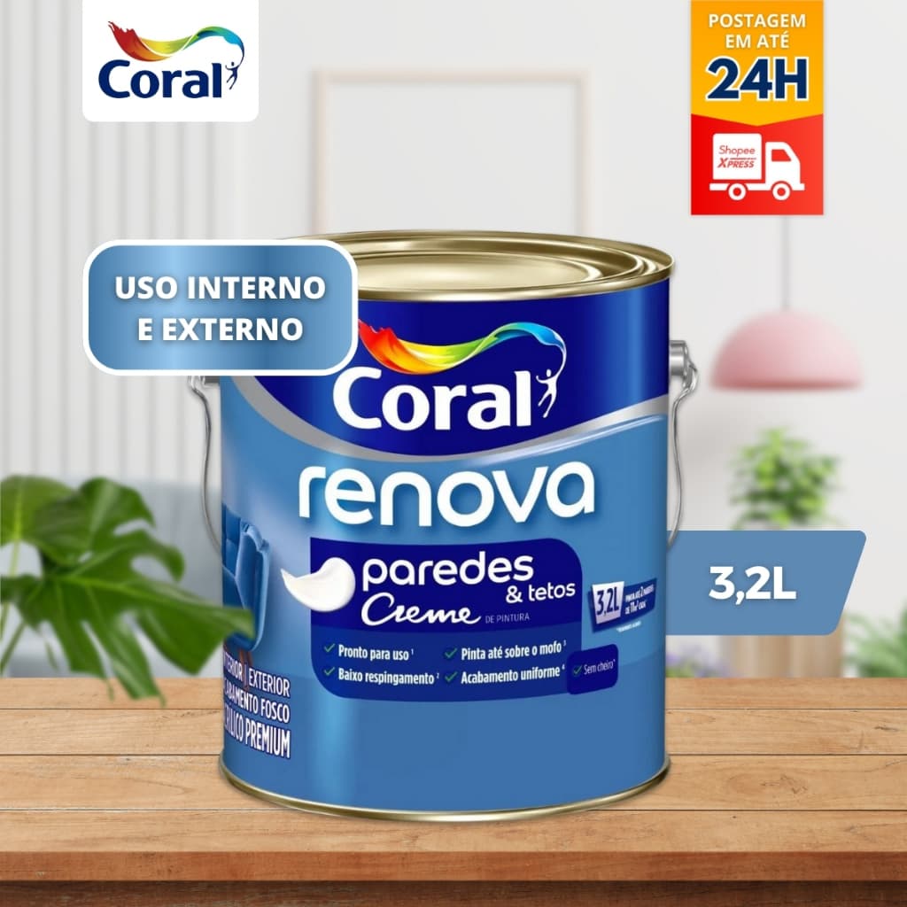 Tinta Acrílica Creme Premium Fosco Renova Paredes e Tetos Branco 3,2l Coral