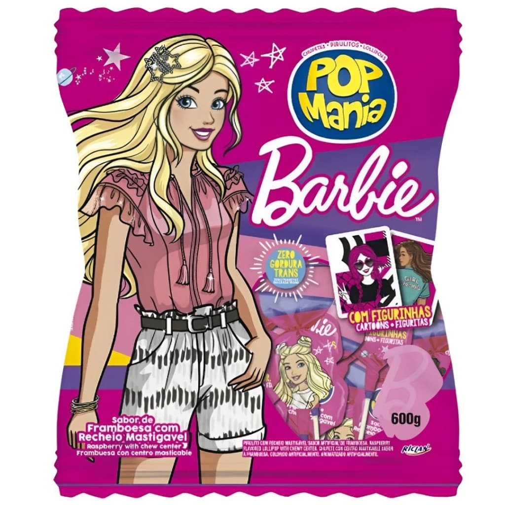 Pirulitos Pop Mania Barbie Sabor Framboesa 500g Riclan