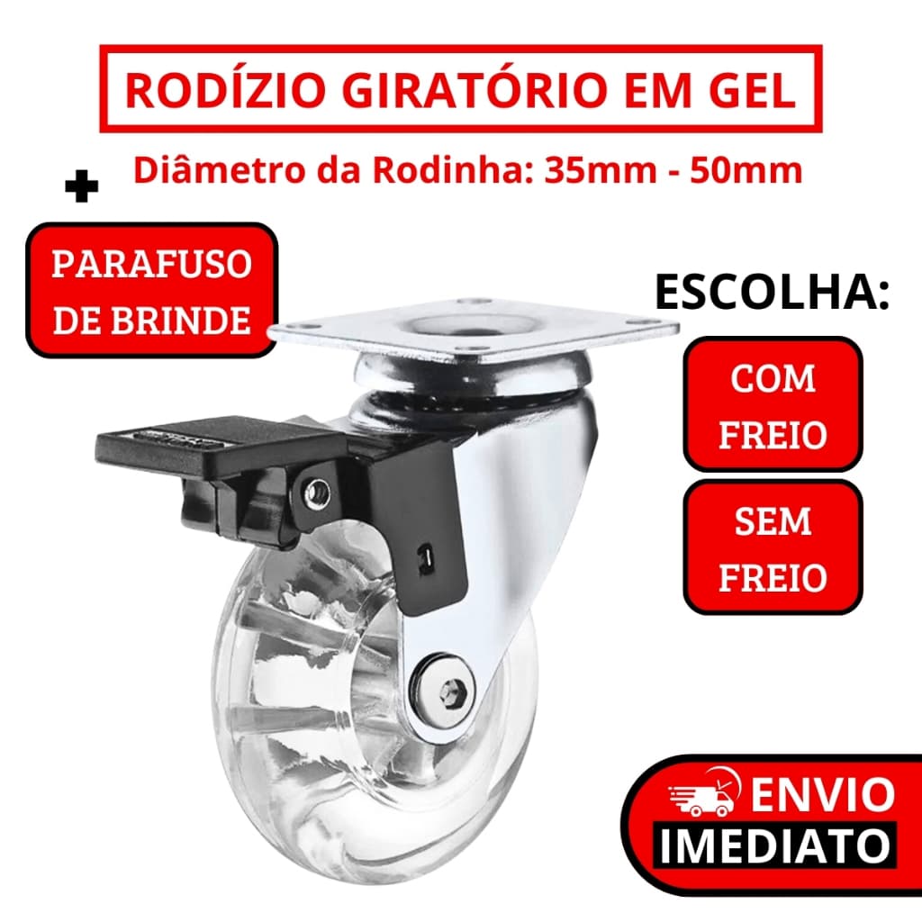 Rodízio Giratório Em Gel Rodinha Silicone Com ou Sem Trava e Parafuso De Brinde - 35mm 50mm 75mm