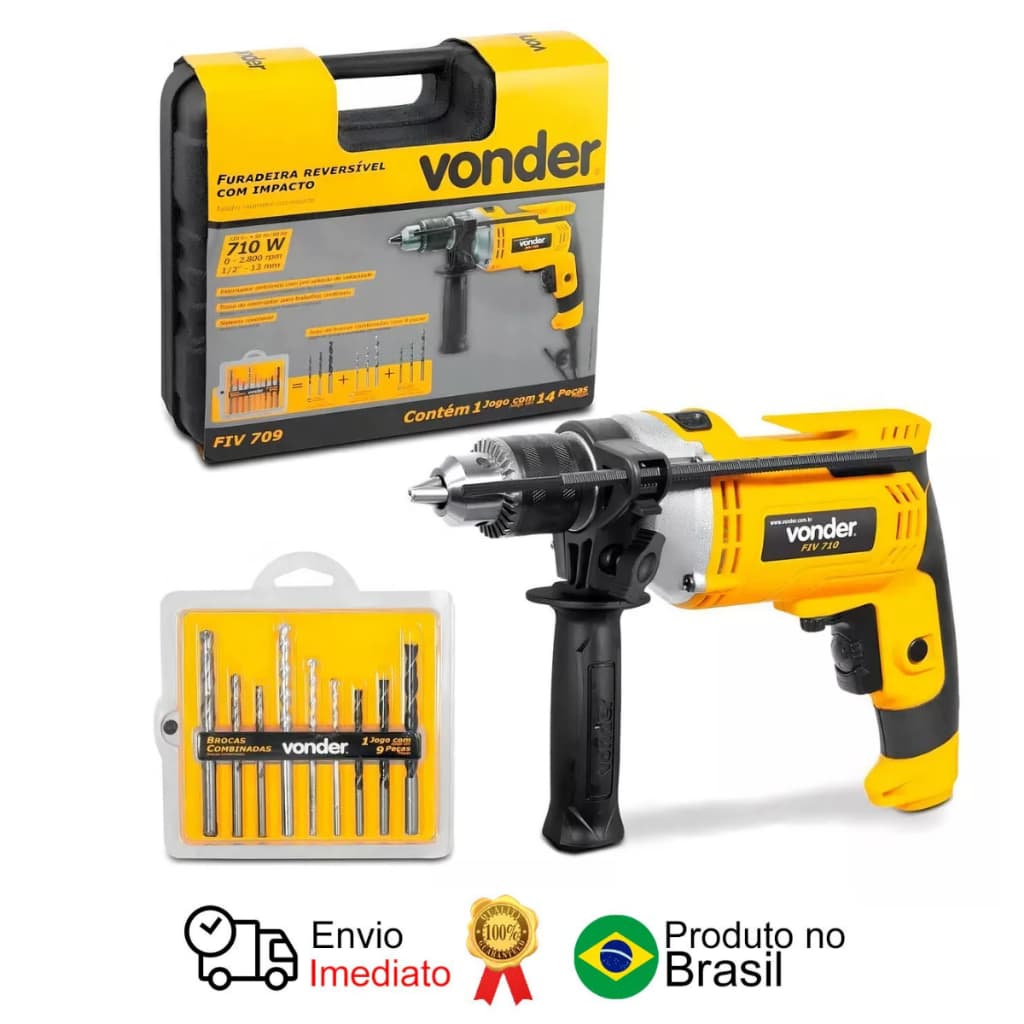 Furadeira Impacto 1/2' Kit Jogo 9 Brocas e Maleta Fiv 709 127 V Vonder