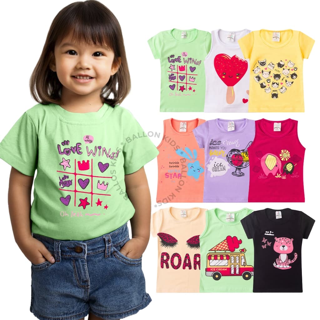Kit Sortido 3 Peças de Camiseta Infantil Verão Feminino Menina Veste do 1 ao 14