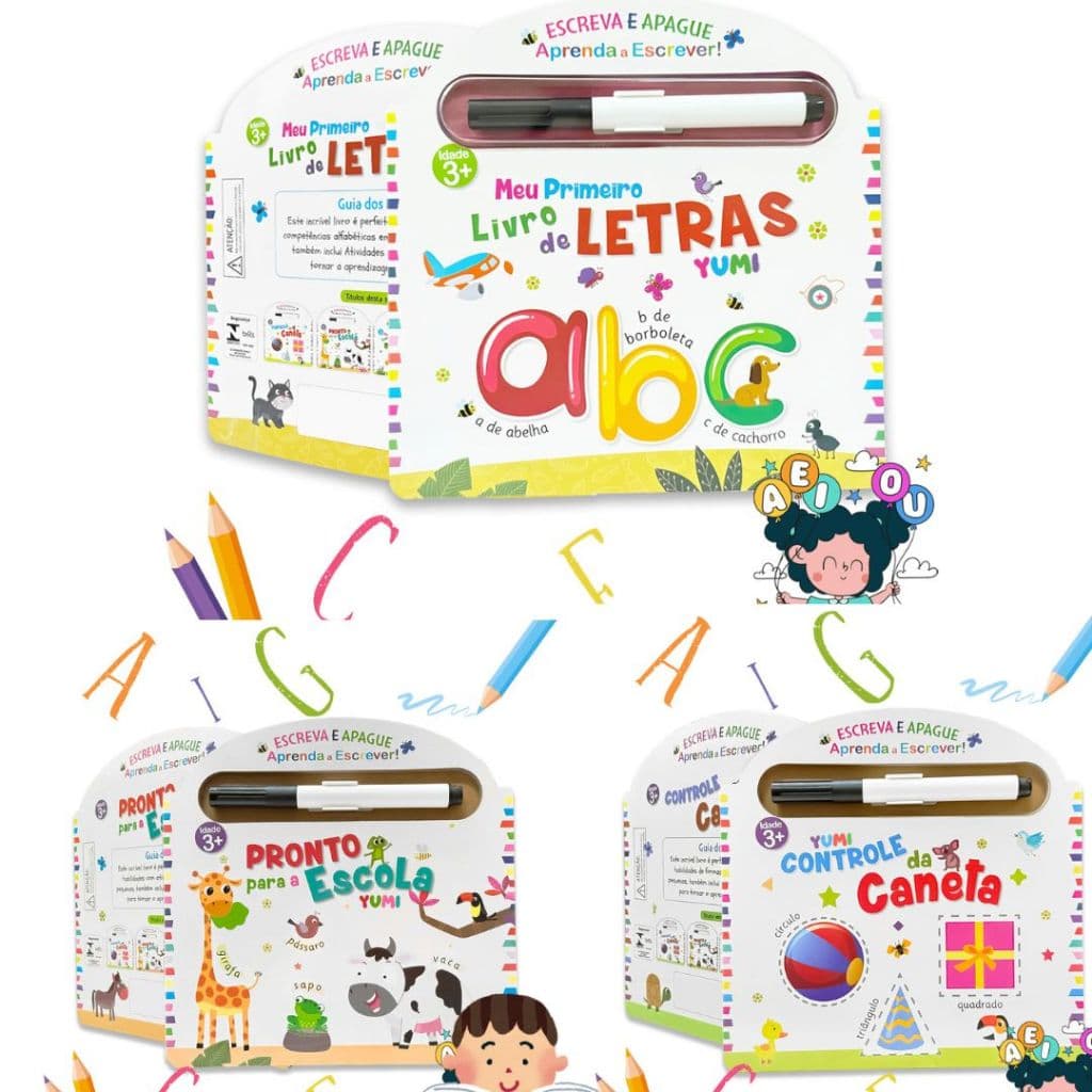 Coleção Alfabetização - Livro Caderno De Caligrafia Infantil, Números, Alfabeto + Caneta Magica Apagável Folhas Duras