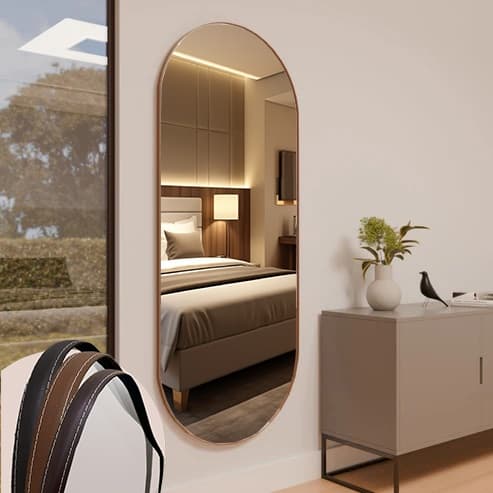 Espelho Oval ME07 Moldura Couro 110x50cm 150x60cm 170x70cm Corpo Inteiro Quarto Sala Banheiro