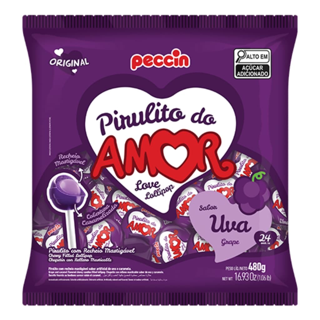Pirulito Do Amor Uva C/24 Unidades 480g Peccin
